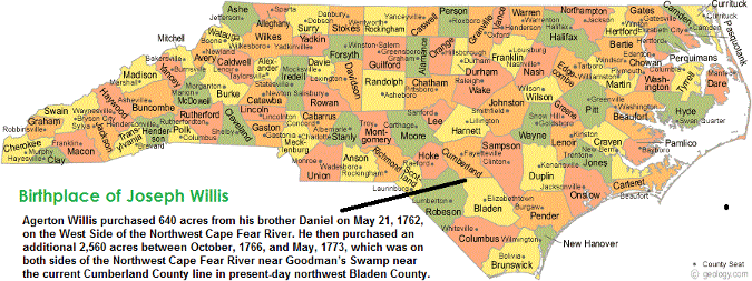 north carolina map, joseph willis, birthplace